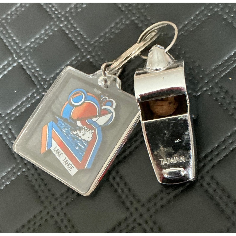 Vintage Lake Tahoe Whistle Keychain Retro Acrylic Souvenir Silver Tone Taiwan